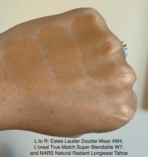Estee Lauder Double Wear 4W4, L'oreal True Match Super Blendable W7, and NARS Natural Radiant Longwear Tahoe Comparison Swatches Medium Dark Skin